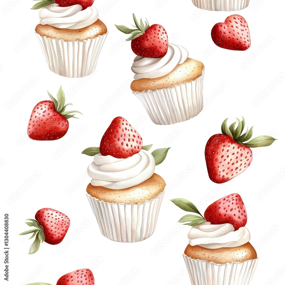 Watercolor seamless pattern of strawberry muffin cakes, isolated on a white background, featuring a creative and artistic design. PNG Watercolor seamless pattern of strawberry muffin cakes, isolated on a white background, featuring a creative and artistic design. PNG