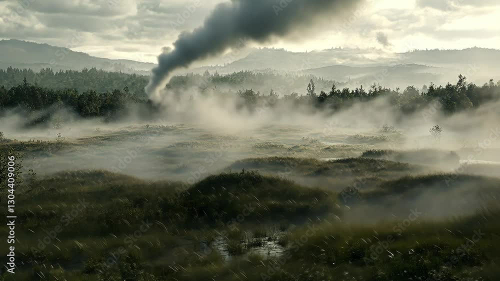 Misty landscape with smoke rising over a quiet marsh during early morning hours Misty landscape with smoke rising over a quiet marsh during early morning hours