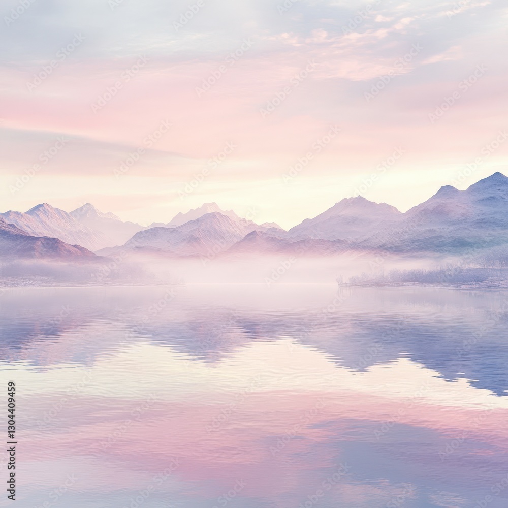 Fototapeta premium Fog drapes over serene mountains and reflective waters at dawn