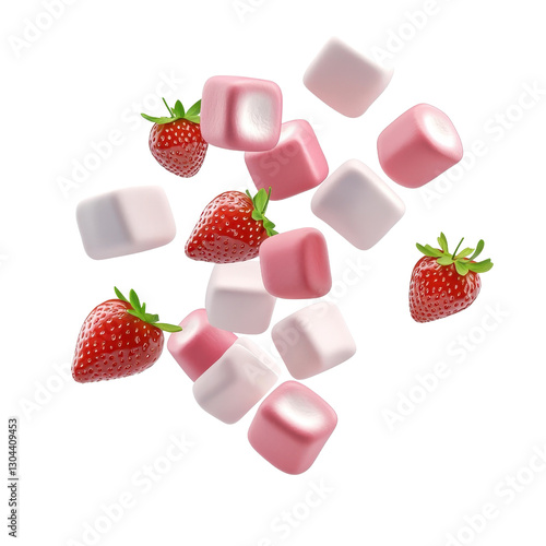Strawberry marshmallows flying through the air, isolated on a white background, adding a fun and dynamic touch. PNG
