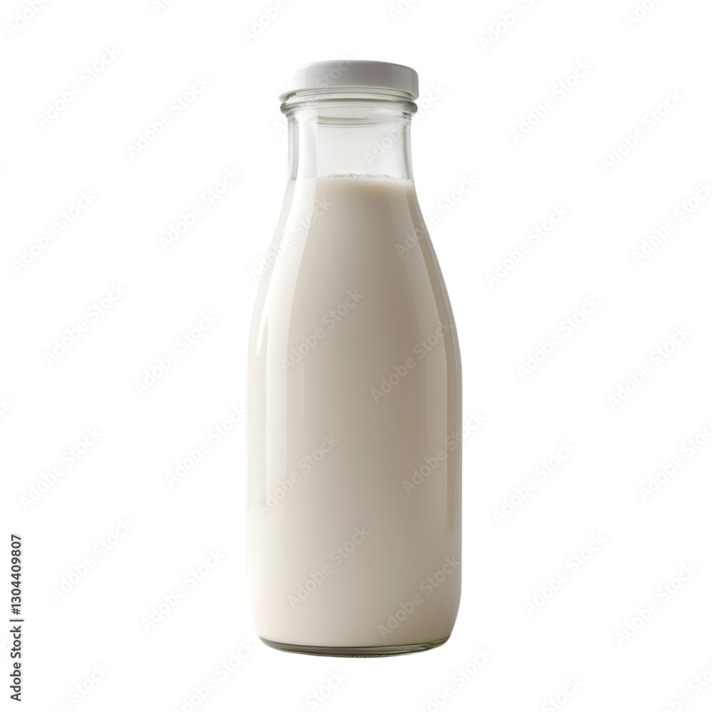 realistic glass milk bottle with white liquid inside sealed with a cap isolated on a white background perfect for dairy, farm products, breakfast, health and nutrition related visuals realistic glass milk bottle with white liquid inside sealed with a cap isolated on a white background perfect for dairy, farm products, breakfast, health and nutrition related visuals