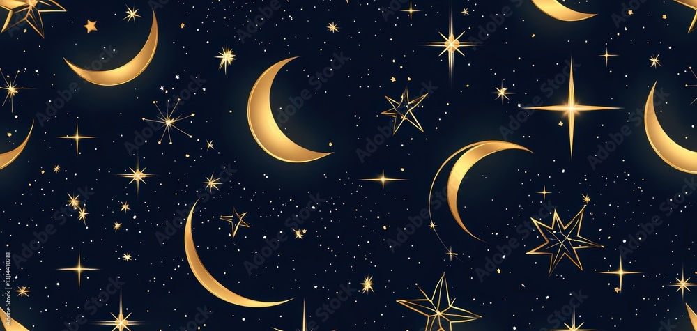 Naklejka premium Seamless celestial zodiac-inspired golden constellation patterns on deep navy, refined mystical luxury pattern, sophisticated high-end cosmic elegance