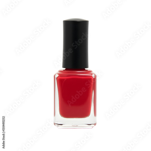 elegant red nail polish bottle with glossy finish featuring a sleek black cap isolated on a clean white background, ideal for beauty, fashion, cosmetics and nail care visuals	