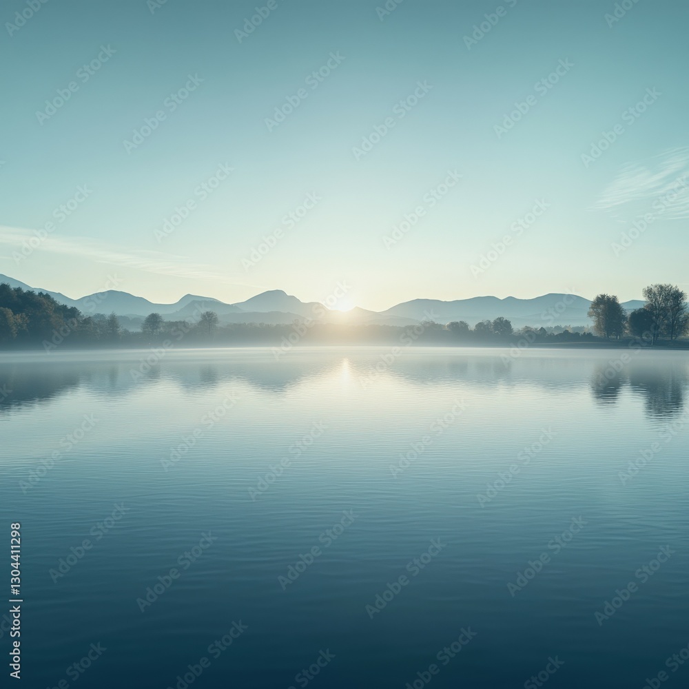 Morning fog envelops tranquil lake and mountains at dawn Morning fog envelops tranquil lake and mountains at dawn