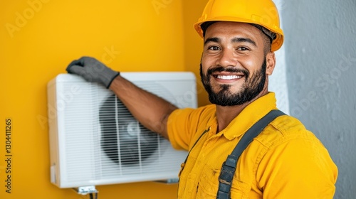 Smiling Technician in Yellow Shirt Installing Air Conditioning Unit Against Bright Yellow Wall