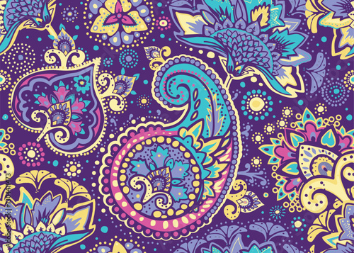 Seamless paisley pattern in Oriental style with floral and ethnic motifs for printed fabric, wallpaper, and packaging