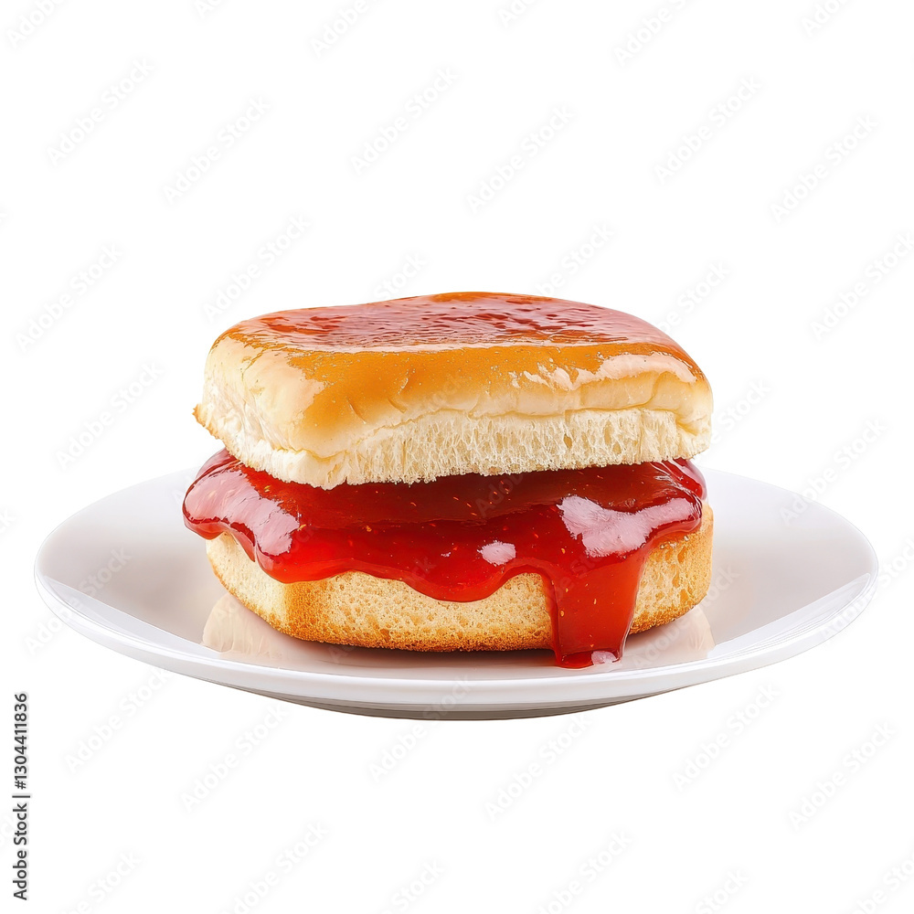 Oozing strawberry sauce on bun bread, isolated on a white background, emphasizing the rich, gooey texture. PNG Oozing strawberry sauce on bun bread, isolated on a white background, emphasizing the rich, gooey texture. PNG
