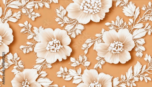 Seamless intricate floral lace in radiant gold on soft blush silk, refined bridal luxury pattern, high-end romantic elegance, sophisticated ornamental beauty