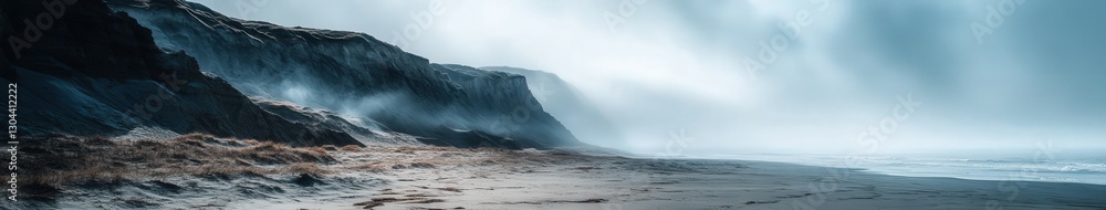Fototapeta premium Fog enveloping a serene coastline at dawn in nature's beauty