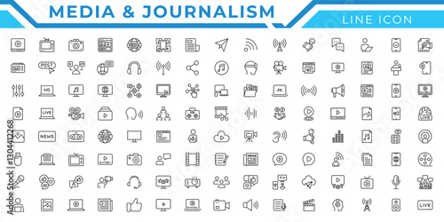 Media and journalism line icon set. Mass media, social networks, public media, journalism, communication, networking vector icons collection.