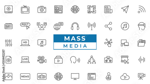 Mass media line icon set. Mass media, social networks, public media, journalism, communication, networking vector icons collection.