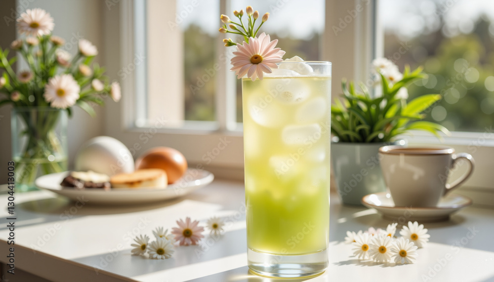 Refreshing green tea cocktail with flower garnish in sunny conservatory, elegance Refreshing green tea cocktail with flower garnish in sunny conservatory, elegance