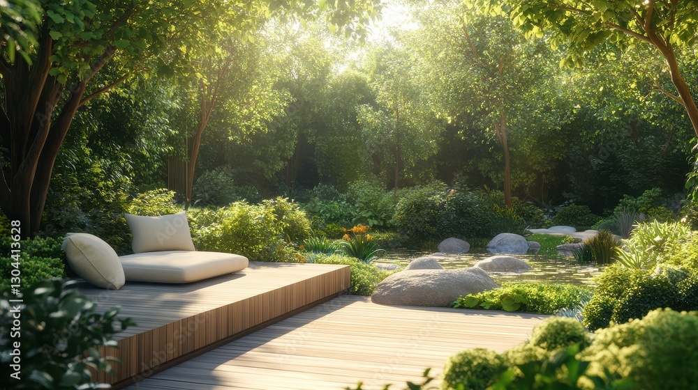 Tranquil Natural Oasis with Lush Greenery, Comfortable Seating, and Serene Water Features in a Garden Setting Tranquil Natural Oasis with Lush Greenery, Comfortable Seating, and Serene Water Features in a Garden Setting