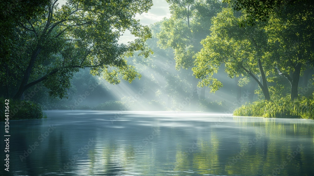 Morning fog envelops a tranquil river in a lush forest setting Morning fog envelops a tranquil river in a lush forest setting