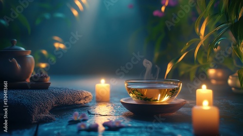 Tranquil Spa Setting with Aromatic Tea, Candles, and Lush Greenery for Relaxation and Serenity