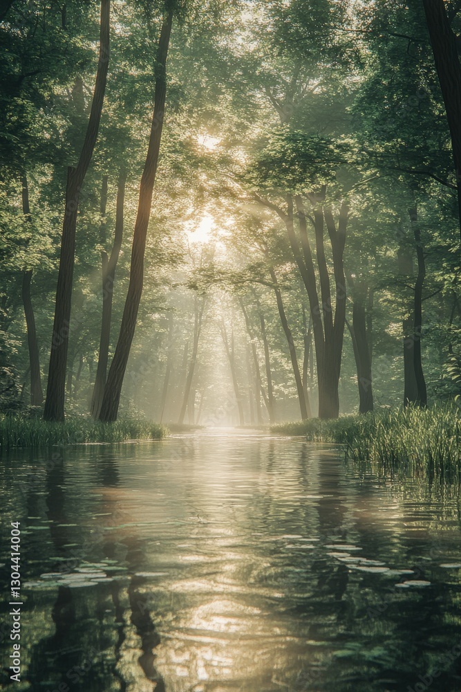 Fototapeta premium Misty morning in a tranquil forest with sunlight breaking through