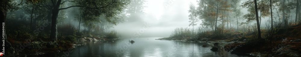 Misty morning in a tranquil forest with a reflective pond Misty morning in a tranquil forest with a reflective pond