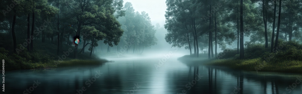 Fog blankets a serene forest river at dawn, enhancing nature's beauty Fog blankets a serene forest river at dawn, enhancing nature's beauty