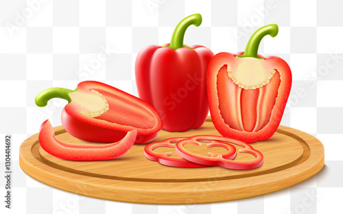 Fresh ripe bell pepper on a cutting board isolated vegetable on white background. Whole, half and slices of red raw pepper. Sweet paprika. Realistic 3d vector illustration.