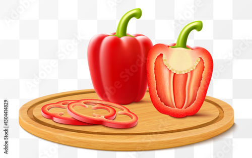 Fresh ripe bell pepper on a cutting board isolated vegetable on white background. Whole, half and slices of red raw pepper. Sweet paprika. Realistic 3d vector illustration.