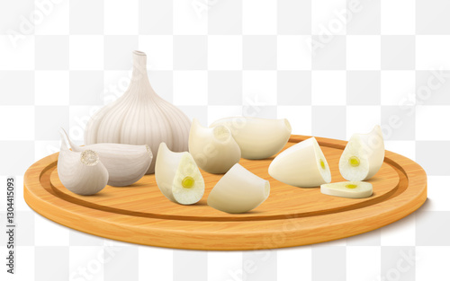 Whole garlic head and garlic cloves on a cutting board isolated on white background. Spice ingredient for cooking and healthy nutrition or condiment product package design. Realistic 3d vector