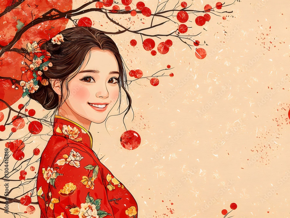 Smiling woman, red dress, floral background, Asian style, Lunar New Year Smiling woman, red dress, floral background, Asian style, Lunar New Year