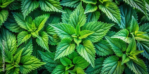 Aerial View of Lush Green Wild Nettle Patch, Summer Foliage Background