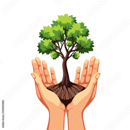 Hands holding a growing tree with roots on a white background for copy space