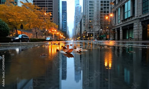Rainy Cityscape: Autumn Reflections in Chicago