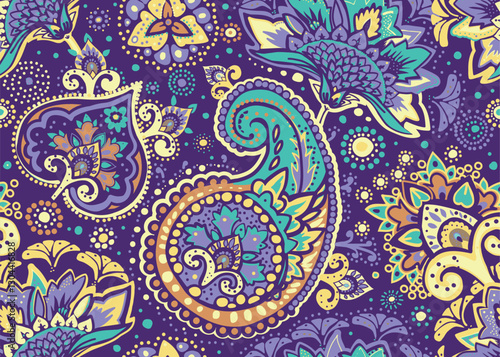 Seamless paisley pattern in Oriental style with floral and ethnic motifs for printed fabric, wallpaper, and packaging