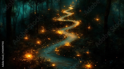Enchanted Forest Path Glowing Softly at Night. AI Generated