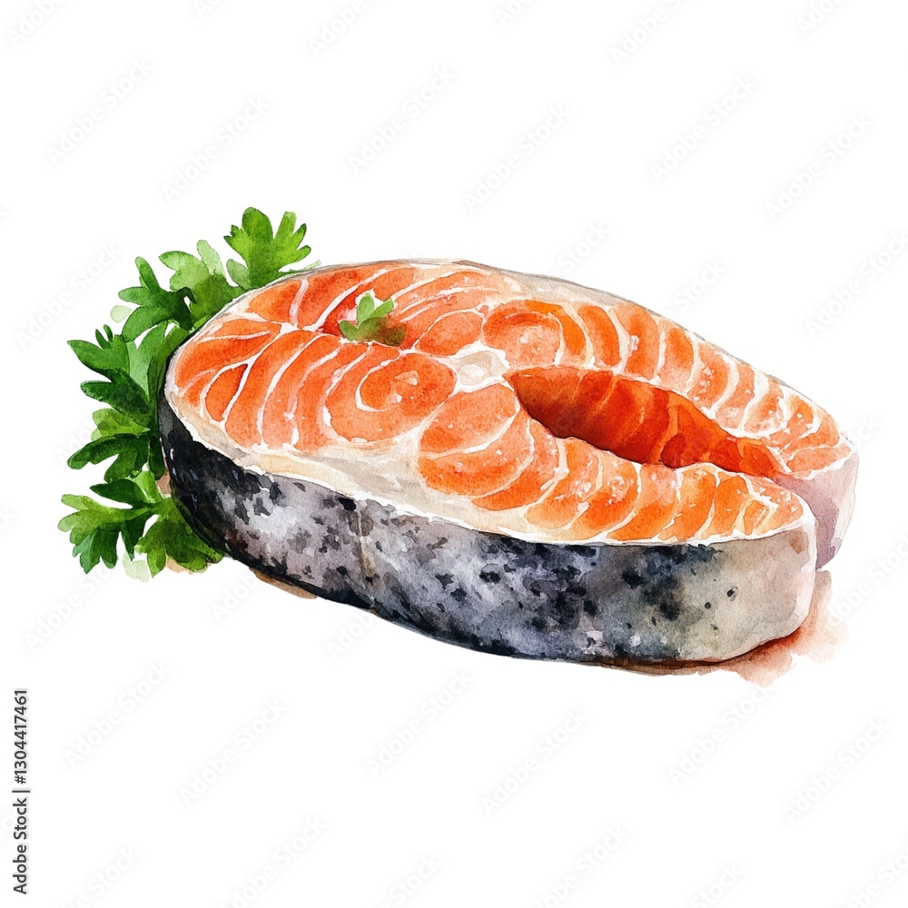Watercolor illustration of a salmon fillet with fresh parsley. Watercolor illustration of a salmon fillet with fresh parsley.