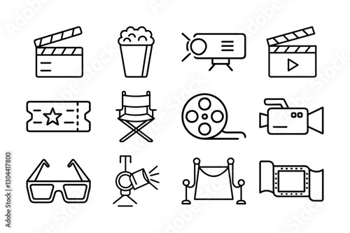 Simple Line Art Icons Representing Movie Production and Entertainment