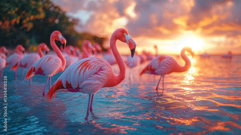 Fototapeta premium Flamingos sunset beach Caribbean paradise tropical birds