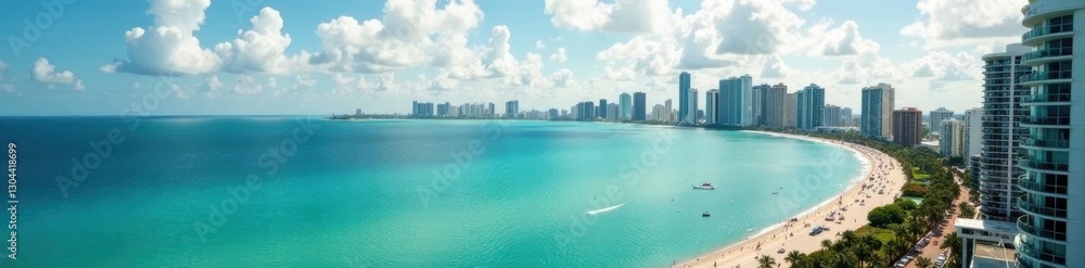 Naklejka premium Elevated view of Miami Beach and Biscayne Bay, waves, vacation