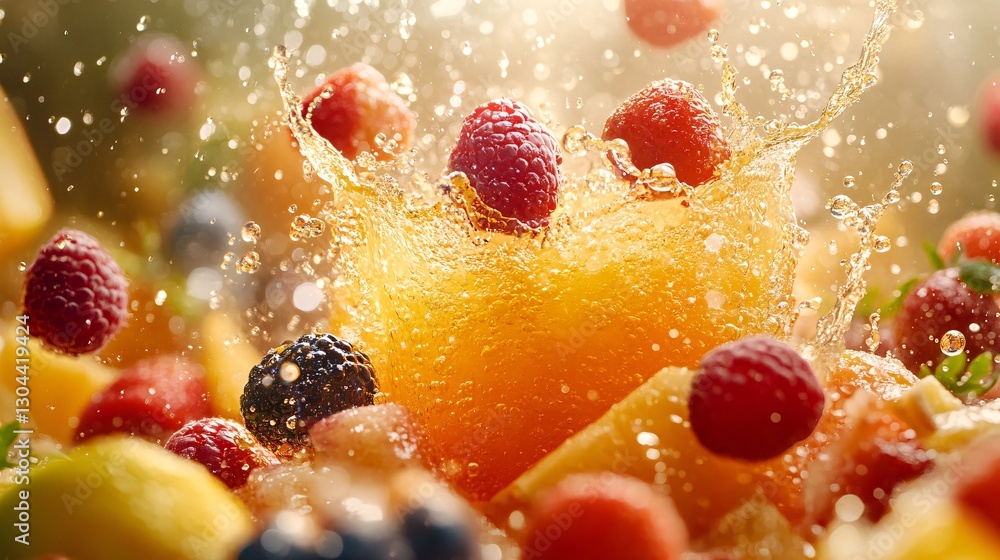 A high-speed burst of mixed fruit juice exploding into vibrant colors A high-speed burst of mixed fruit juice exploding into vibrant colors