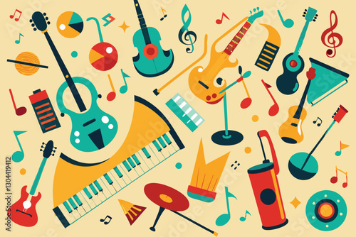 Colorful vector illustration showcasing a variety of musical instruments in an upbeat and lively pattern for music lovers