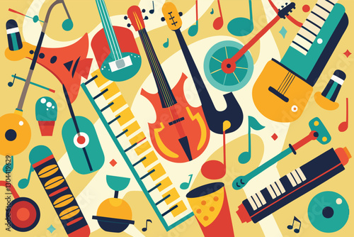 Colorful vector illustration showcasing a variety of musical instruments in an upbeat and lively pattern for music lovers