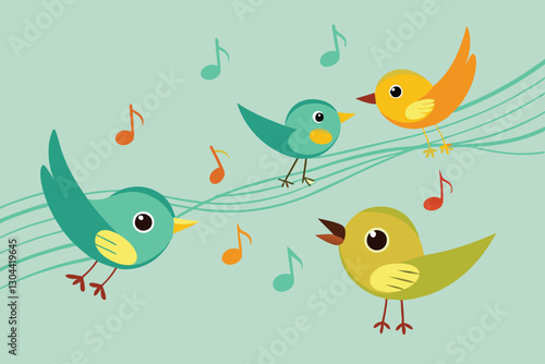 Colorful birds singing joyfully in the bright blue sky with musical notes surrounding them