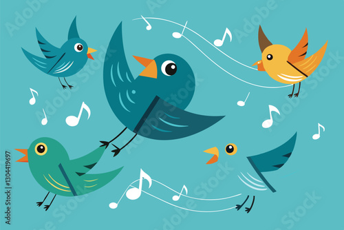 Colorful birds singing joyfully in the bright blue sky with musical notes surrounding them
