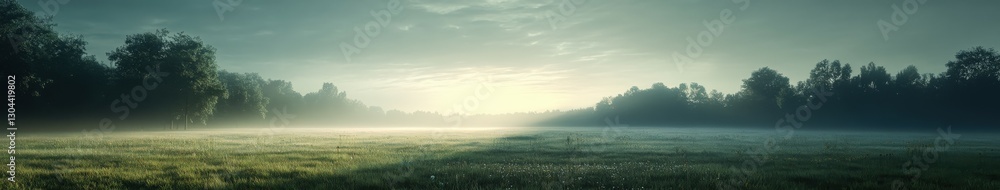 Fog gently envelops a serene natural landscape at dawn Fog gently envelops a serene natural landscape at dawn