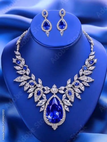 Elegant Sapphire and Diamond Necklace Set - Stunning sapphire and diamond necklace and earrings set. Perfect for special occasions. Sparkling blue stones and brilliant white diamonds photo