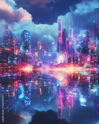 Wallpaper Mural Futuristic cityscape reflecting in a tranquil body of water. Vibrant neon lights illuminate the skyscrapers under a dramatic, cloudy sky. Digital art, cyberpunk aesthetic. Torontodigital.ca