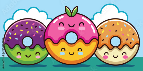 Sweet and colorful cartoon donuts with playful designs on a bright blue background