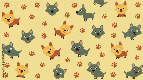 Cute vector illustration of playful dogs with various colors and expressions on a blue background featuring paw print patterns