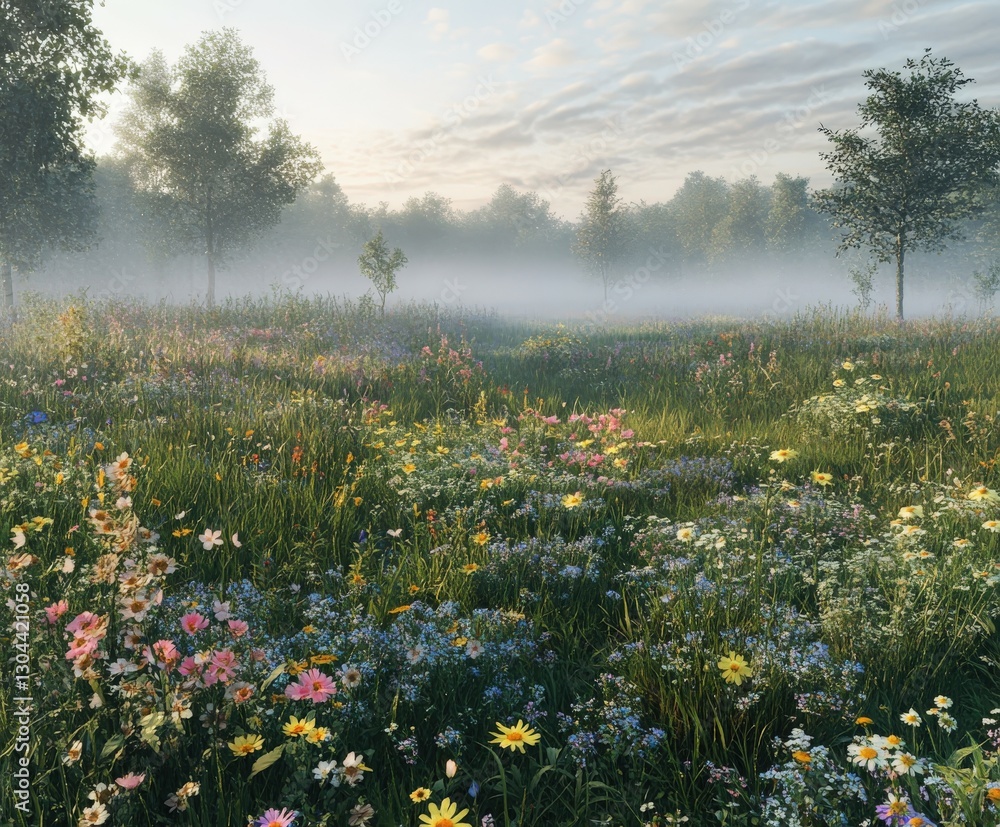 Fototapeta premium Relaxing morning fog in a vibrant flower-filled meadow