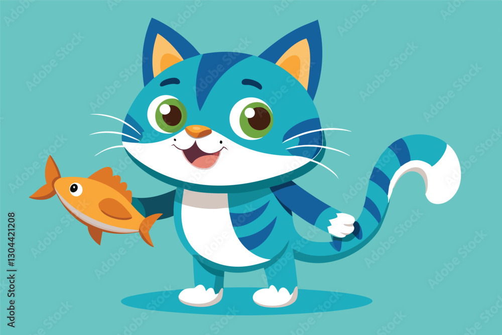 Fototapeta premium Cute playful cat holding a fish in a cartoon style against a bright blue background during daylight hours