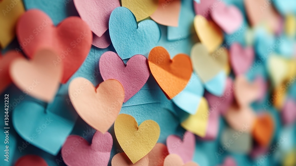 Fototapeta premium A vibrant backdrop of pastel heart-shaped sticky notes, their adhesive surfaces hinting at a world of creative possibilities, invites the viewer to add their own text or design, transforming the