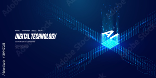 Isometric futuristic tech bg with AI chip hologram and circuit wires. Artificial Intelligence light glitter semiconductor on technology background. AI processor Abstract digital vector illustration. 