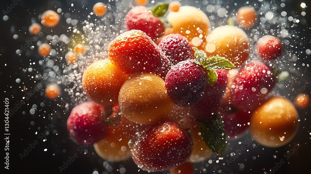 A fruit explosion with glowing particles, high-speed photography A fruit explosion with glowing particles, high-speed photography